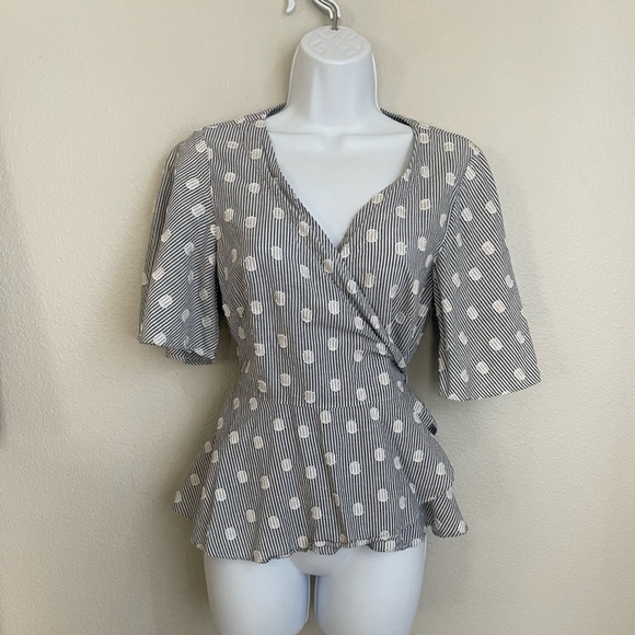 LOFT Blue White Striped Polka Dot Wrap Peplum Top Cotton Blend Short Bell Sleeve - Picture 4 of 7